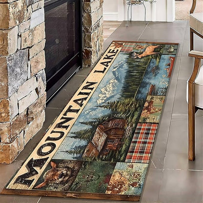 Multi-Color Elk Runner Rug 3.3x7ft with Floral Mountain Scene - Vintage Washable Floor Mat, Bohemian Rug for Kitchen Corridor, Canvas Art Style Decor