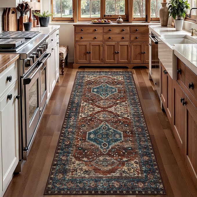 Tangsoo 2.6x10 Washable Hallway Runner Rug, Non Slip Vintage Runner Rug for Hallways, Soft Low Pile Long Rug Runner, Print Distressed Carpet Runners for Kitchen Bedroom Entryway Living Room