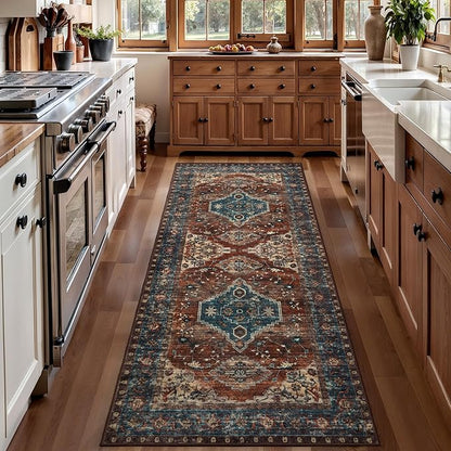 Tangsoo 2.6x10 Washable Hallway Runner Rug, Non Slip Vintage Runner Rug for Hallways, Soft Low Pile Long Rug Runner, Print Distressed Carpet Runners for Kitchen Bedroom Entryway Living Room