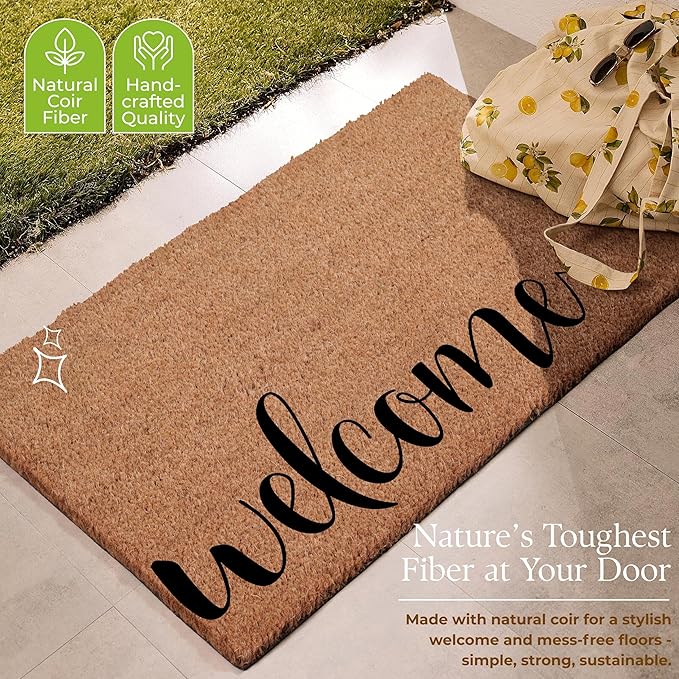 Coir Door Mats 17" X 30", Non-Slip Sturdy, PVC Backed Heavy Duty, Easy to Clean, Ideal for Door Entrance, Patio, Porch, Backyard, Garages, Welcome with Love