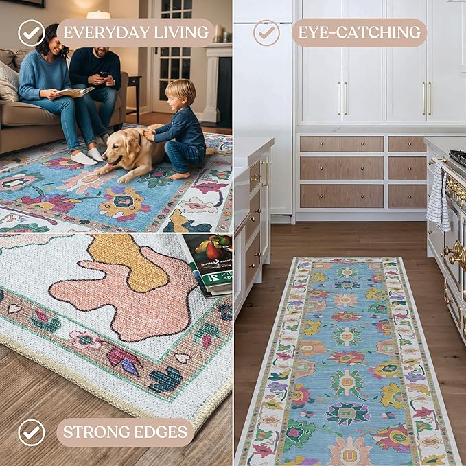 Fame Living Colorful Oushak Rug, Modern, Vintage, Turkish, Eclectic, Floral, Pastel, Washable, Oversized, Extra Large Area Rugs for Living Room, Dining, Bedroom, Lounge 9'5"x14'