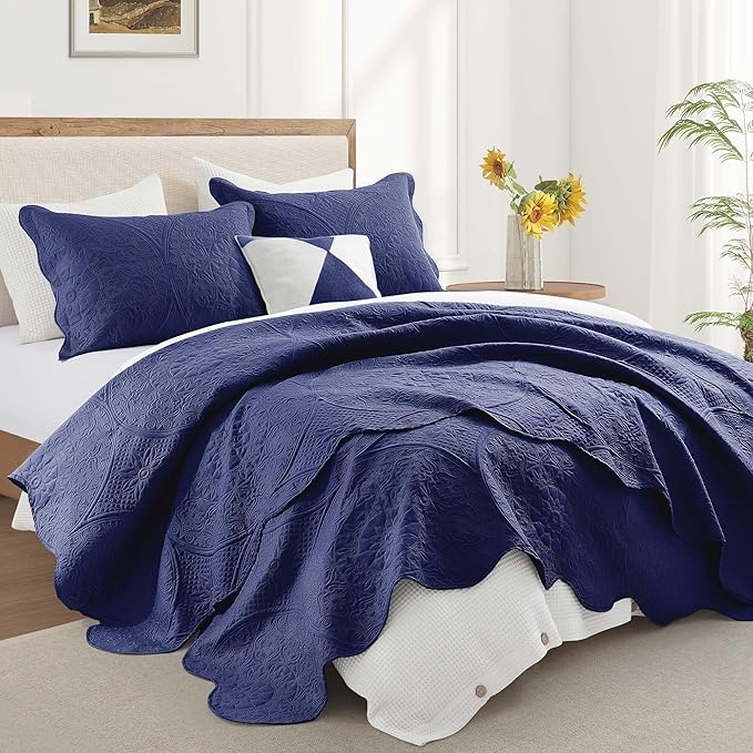 IR Imperial Rooms 8 Pack Quilt King Size Bedding (106" x 96") - Bulk Wholesale for Hotels, Guest Bedroom & Airbnbs - Lightweight Microfiber Reversible Floral Embossed Quilts Bedspreads (Navy)