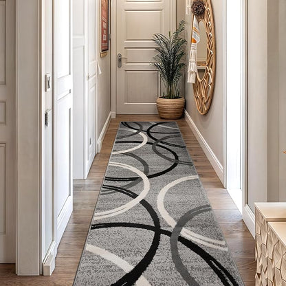 Rugshop Wavy Circles Design Runner Rug, Carpet with Jute Backing for Hallway, Kitchen, or Entryway, Gray, 2'7" x 10'