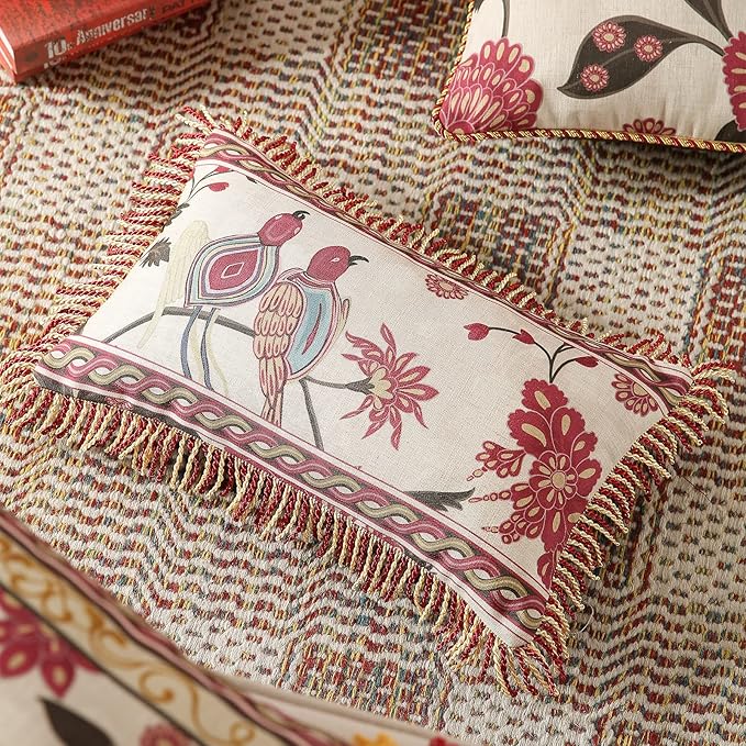 patdrea Designer Throw Pillow Covers 12"x20",Vintage Flowers and Bird Pattern Linen Pillowcases with Tassel Edges Pillows Cover for Couch,Decorative Rectangle Cushion for Living Room Outdoor Car