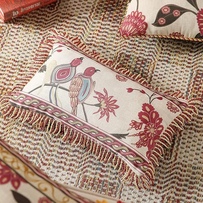 patdrea Designer Throw Pillow Covers 12"x20",Vintage Flowers and Bird Pattern Linen Pillowcases with Tassel Edges Pillows Cover for Couch,Decorative Rectangle Cushion for Living Room Outdoor Car