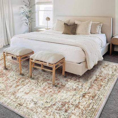 Area Rug 6'x9' Washable Vintage Traditional Floor Cover Thin Retro Kitchen Indoor Distressed Non Slip Carpet for Living Room Bedroom Dining Room