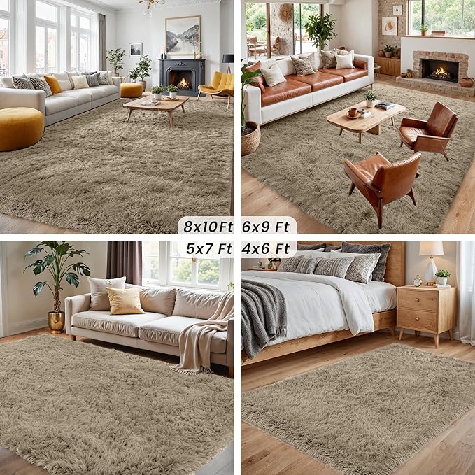 8x10 Area Rugs for Living Room Rug: Soft Fluffy Shag Gray Camel Rugs for Bedroom, Non-Slip Large Fuzzy Plush Rug Indoor Floor Carpet for Nursery Kids Boys Girl Room, Dorms, Playroom, Modern Home Decor