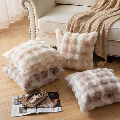 Pack of 2 Thick Plush Throw Pillow Covers Fluffy Wave Faux Fur Decorative Cushion Covers Soft Wool Pillowcase for Sofa Couch Livingroom 26x26 Inch White Taupe