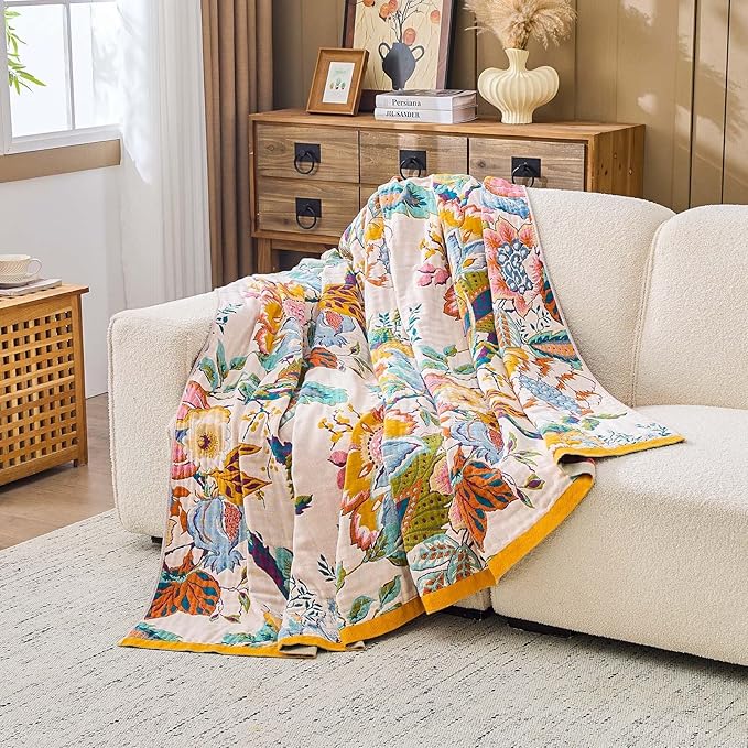 Farmhouse Throw Blanket, 80"x 98" Boho Throw Blankets for Couch Cover, 100% Cotton Bohemian Vintage Quilt for All Seasons Reversible Florals Lightweight Picnic Blankets Home Decoration