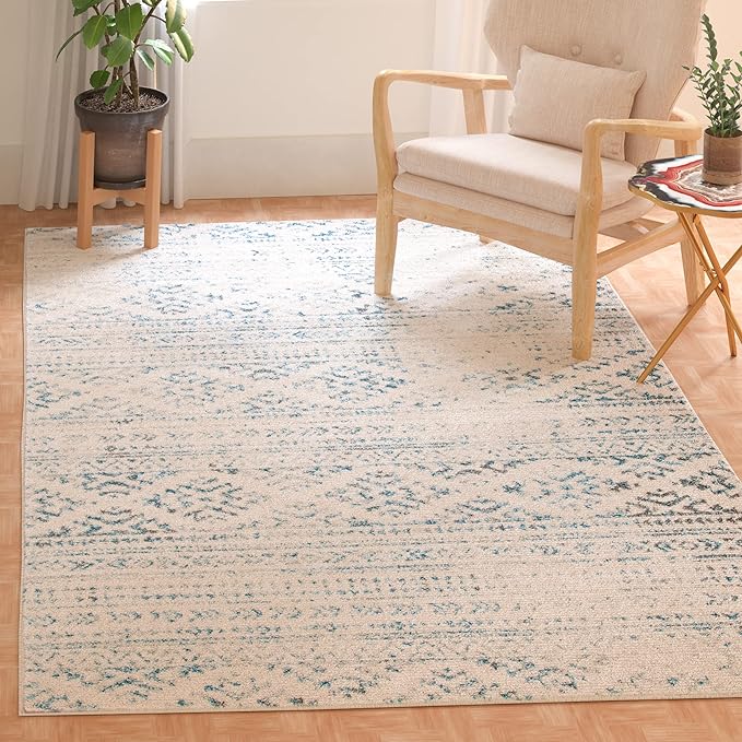SAFAVIEH Tulum Collection Area Rug - 6'7" Square, Ivory & Turquoise, Moroccan Boho Tribal Design, Non-Shedding & Easy to Clean, Ideal for Living Room, Bedroom, Dining Space (TUL272E)