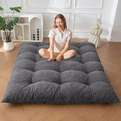 MAXYOYO Japanese Floor Mattress Queen Size, 6" Foldable Futon Mattress Tufted Roll Up Floor Bed, Thick Chenille Tatami Mat Sleeping Pad for Camping Guest Room Dormitory Bedroom RV, Dark Grey