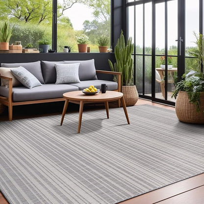 Stripe Outdoor Rug 8x10 Washable Outside Carpet for Indoor Patio Porch Waterproof Easy Cleaning Non Shedding Area Rugs Gray 8 x 10