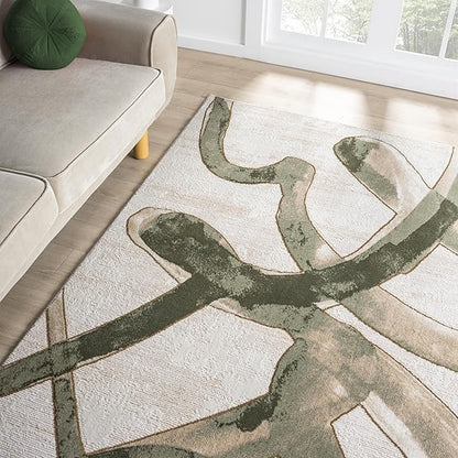 Abani Beige Cream Green Graffiti Washable Area Rug – 6' x 9' – Abstract Artistic Design – Ivy Collection – Non-Shedding, Easy to Clean – Durable for High Traffic Areas – Living Room & Bedroom