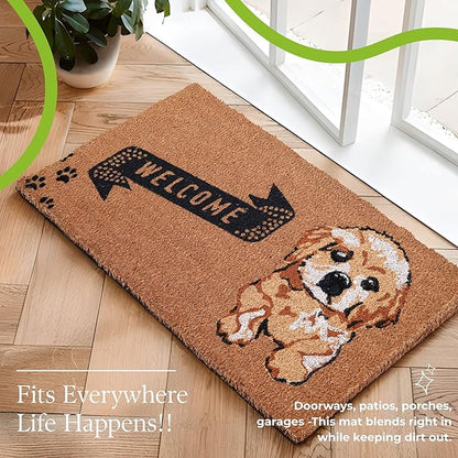Coir Door Mats 17" X 30", Non-Slip Sturdy, PVC Backed Heavy Duty, Easy to Clean, Ideal for Door Entrance, Patio, Porch, Backyard, Garages, Cute Little Puppy Welcome