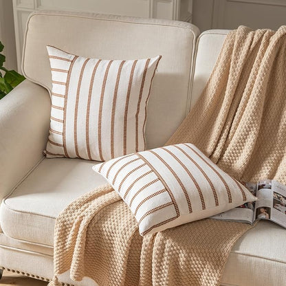 Caflife Boho Throw Pillow Covers 20x20 Set of 2 Soft Farmhouse Decorative Couch Pillow Cases Brown Striped Pillow Covers Neutral Cushion Covers for Sofa Bed Living Room Home Decor