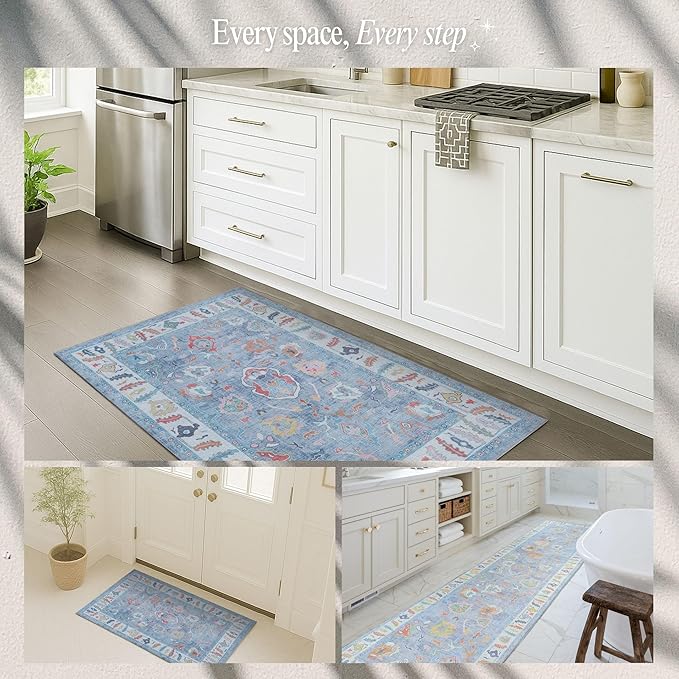 Fame Rugs Blue Modern Oushak Rug 6x9, Vintage Turkish Colorful Oriental Antique Inspired Washable Large Area Rugs, Luxury Living Room Bedroom (381LB, 6' x 9')