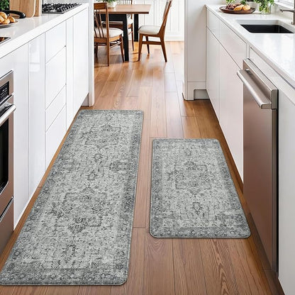 GENIMO Kitchen Mats for Floor 2PCs, Washable Anti Fatigue Mat for Cushioned, 17.3"x59"+17.3"x30", Waterproof Kitchen Rugs, Non Slip Standing Mat Rug for Home, Runner, Sink, Laundry, Vintage Grey