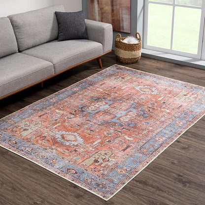 Bloom Rugs Washable 6' x 9' Rug - Terracotta/Blue Traditional Area Rug for Living Room, Bedroom, Dining Room, and Kitchen - Exact Size: 6' x 9'