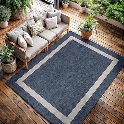 CAMILSON Outdoor Rug 10x14, Large Modern Outside Rugs for Patios Porches Waterproof Durable Washable Non-Shedding, Easy-to-Clean Indoor Outdoor Area Carpet (10 x 14, Bordered - Blue/White)