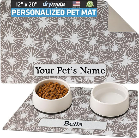 Drymate Personalized Pet Bowl Placemat, Custom Dog & Cat Food Feeding Mat - Absorbent Fabric, Waterproof Backing - Machine Washable/Durable (USA Made) (12" x 20") (Kahopo Grey)