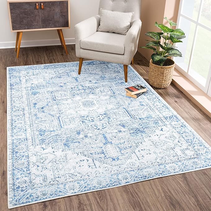 Bloom Rugs Washable Non-Slip 8' x 10' Rug - Blue/Gray Traditional Area Rug for Living Room, Bedroom, Dining Room, and Kitchen - Exact Size: 8' x 10'
