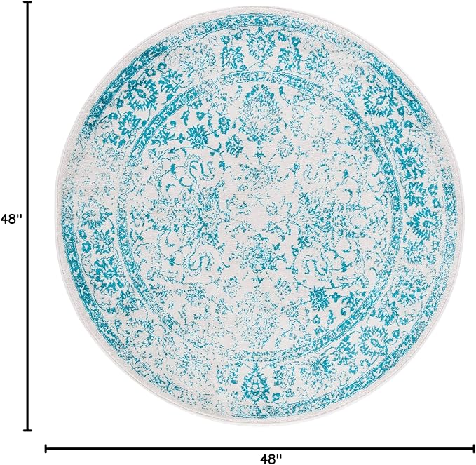 SAFAVIEH Adirondack Collection Area Rug - 4' Round, Ivory & Teal, Distressed Vintage Floral Design, Non-Shedding & Easy to Clean, Ideal for Living Room, Bedroom, Dining Space (ADR109D)