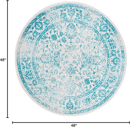 SAFAVIEH Adirondack Collection Area Rug - 4' Round, Ivory & Teal, Distressed Vintage Floral Design, Non-Shedding & Easy to Clean, Ideal for Living Room, Bedroom, Dining Space (ADR109D)