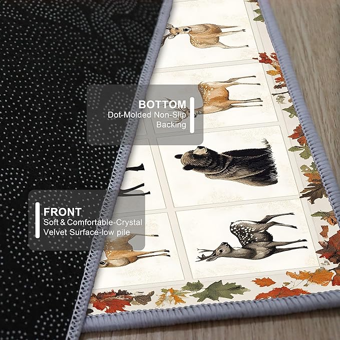 Beige Checkered Maple Bear Elk Hallway Rug 3.3x7ft Bohemian Vintage Floor Mat for Nursery Farmhouse, Foldable Anti-Fatigue Rug with Crushed Leaf Pattern