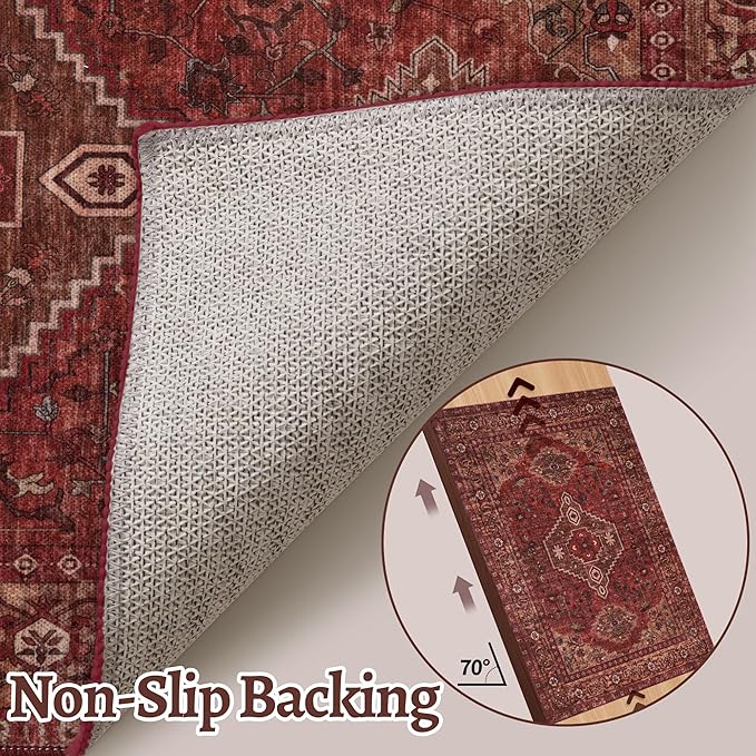 Tangsoo 2.6x8 Washable Runner Rug for Hallways, Non Slip Vintage Runner Rug, Soft Low Pile Long Rug Runner, Print Carpet Runners for Kitchen Bedroom Entryway Bathroom Living Room Dark Red