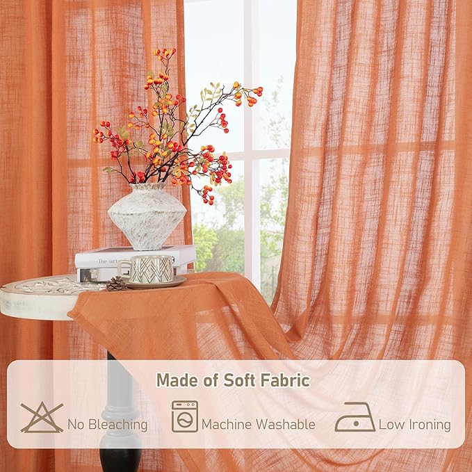 LAMIT Semi Sheer Linen Curtains 45 Inches Long, Light Filtering Panels Back Tab and Rod Pocket Country Decor Drapes for Farmhouse/Window/Bedroom, Burnt Orange, 2 Panels, 52 x 45 Inch