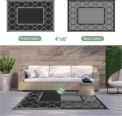 GENIMO 4 ' x 6 ' Outdoor Rug for Patio, Waterproof Indoor Outdoor Plastic Straw Rugs Carpet, Reversible Outside Area Mat for Camping, Balcony Porch, Deck, Picnic, Beach Black Grey