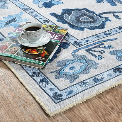 Fame Living Navy Blue Oushak Rug, Modern, Vintage, Turkish, Eclectic, Floral, Pastel, Washable, Oversized, Extra Large Area Rugs for Living Room, Dining, Bedroom, Lounge 9'5"x14'