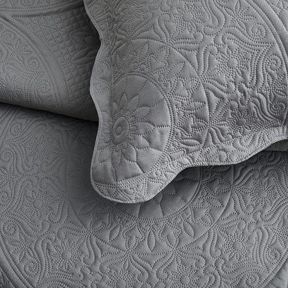 IR Imperial Rooms Twin Quilt Bedding Set Size (68” x 86”) + 1 Pillow Shams (20” x 26” + 2”) - 2 Pcs All Season Lightweight Reversible Microfiber Coverlet Floral Embossed Quilt Bedspread (Grey)