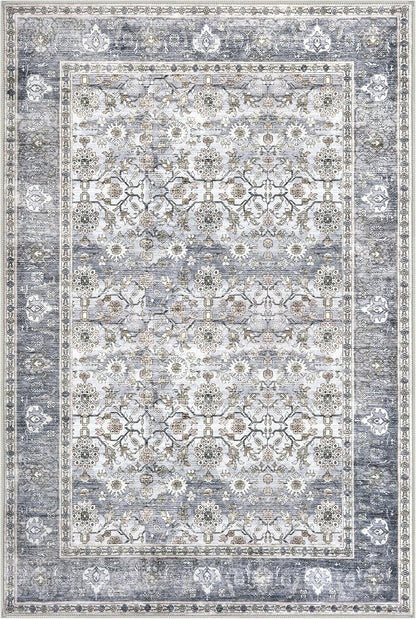 KUTA Vintage Floral Large Area Rugs 9x12 Living Room, Grey Blue Washable Bedroom Area Rug Non Slip, Ultra Thin Soft Print Distressed Low-Pile Traditional Carpet for Bedroom Dining Room Dorm Office