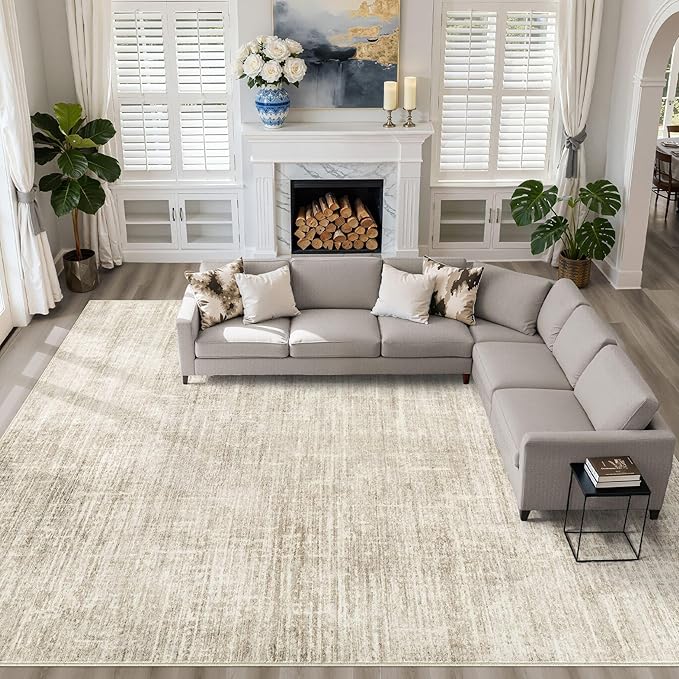 10x14 Area Rugs Living Room: Washable Large Neutral Beige Rug Abstract Soft Modern Stain Resistant Indoor Floor Non-Slip Carpet for Bedroom Nursery Kids Office Playroom Dining Room Under Table Home