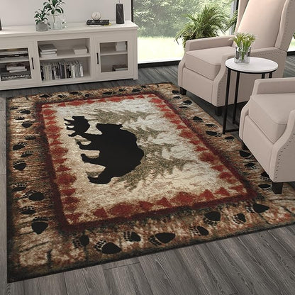Masada Rugs, Cabin Lodge Area Rug Bear and Cub Scene (6 Feet X 9 Feet)