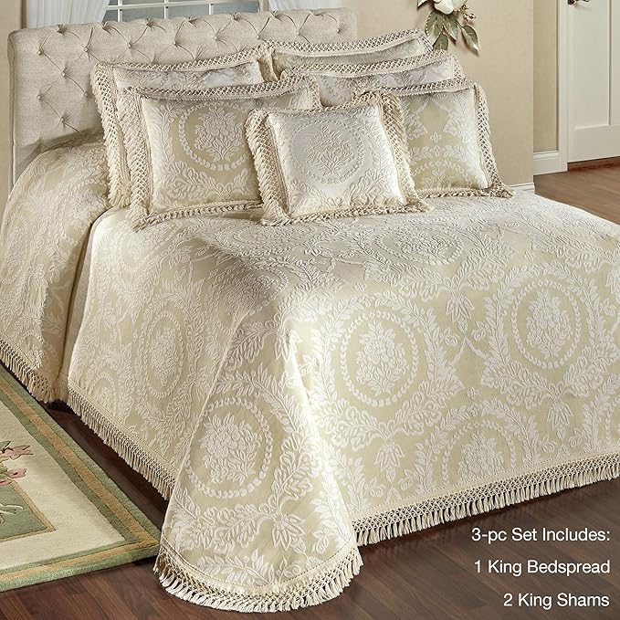 Timeless Vintage Style Bedding with Fringe Edges | Neutral Sage and Ecru | Textured Matelasse Rose Medallions and Leaves | 3 Piece Lightweight Bed Set: Oversized King Bedspread & 2 King Pillow Shams