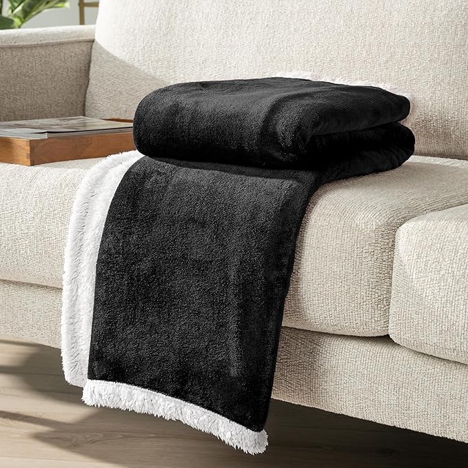 PAVILIA Sherpa Fleece Throw Blanket for Couch, Black, Plush Soft Fuzzy Sofa Blanket, Cozy Reversible Winter Throw for Women Men, 50x60 Inches