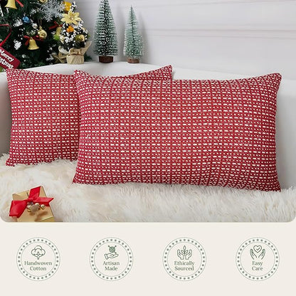 SanVia Sangria Premium Lumbar Cotton Throw Pillow Covers, 12 x 20 Inches, Luxury Holiday Themed Handwoven Couch Pillow Covers, Hidden Zipper, Elegant Home Décor, Insert Not Included