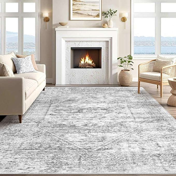 Vintage Living Room Area Rug 9x12 - Large Soft Washable Oriental Traditional Distressed Farmhouse Rugs for Bedroom - Indoor Floor Accent Carpet for Home Office House Decor - Distressed Grey