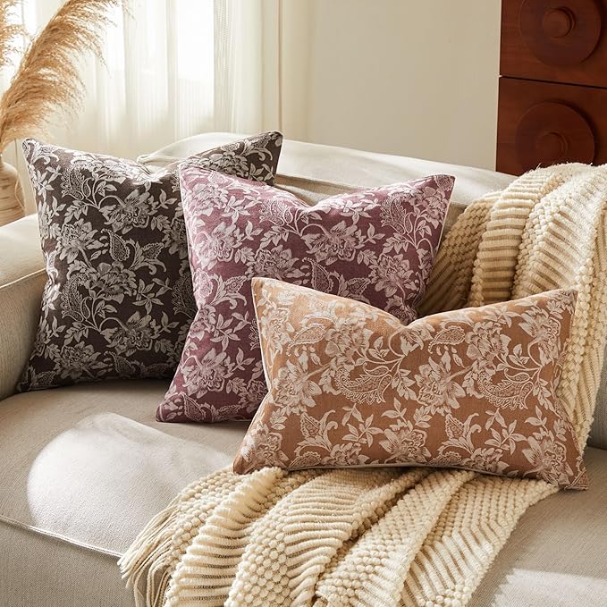 Floral Jacquard Throw Pillow Covers Set of 2, Background/Chocolate 20x20 Inch, Farmhouse Decorative Cotton Dark Brown Cushion Covers for Sofa Bed Living Room Home Decor