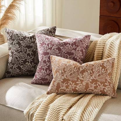 Floral Jacquard Throw Pillow Covers Set of 2, Background/Burgundy 18x18 Inch, Farmhouse Decorative Cotton Burgundy Cushion Covers for Sofa Bed Living Room Home Decor