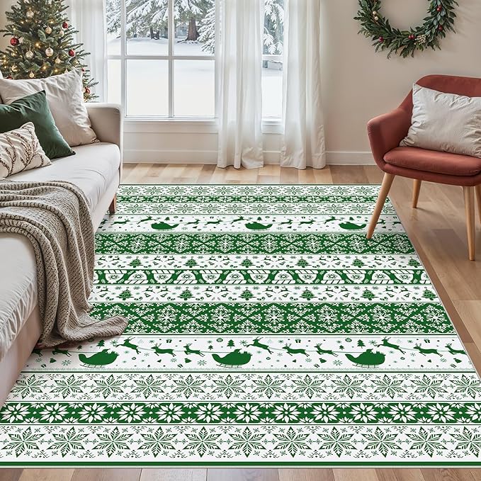 Abstract Living Room Rug 5X7 - Modern Washable Christmas Soft Thin Area Rug for Living Room Bedroom Under Dining Table - Neutral Indoor Floor Rug Carpets for Home Office Playroom Nursery - Green White