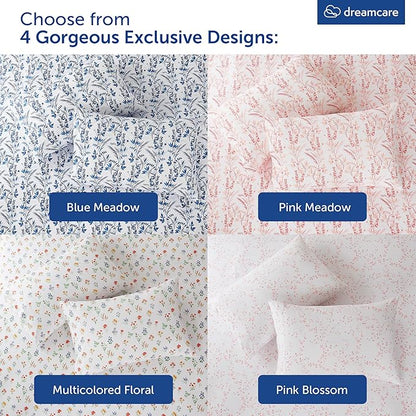 DREAMCARE Queen Size Sheets - Cooling Bed Sheets - 4pcs Set - Queen Sheet Set - Sheets Queen Size Bed - Queen Size Sheet Sets - Soft & Long Lasting 100% Fine Brushed Floral Sheets - Multi Floral