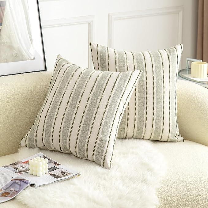 Decorative Boho Throw Pillow Covers, Farmhouse Textured Pillow Case, 18 x 18 Inch Set of 2, Chair Sofa Bedroom Living Room Home Decor Couch Cushion Case, Olive Green and Beige Striped