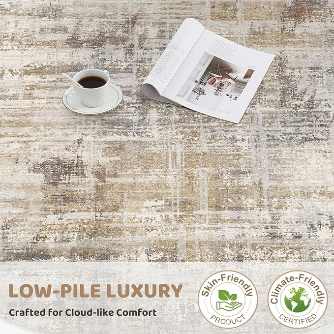 8ft Round Area Rug for Living Room: 8x8 Washable Neutral Abstract Modern Soft Rugs Non Slip Indoor Floor Stain Resistant Carpet for Bedroom Dining Room Office Nursery - Golden Brown