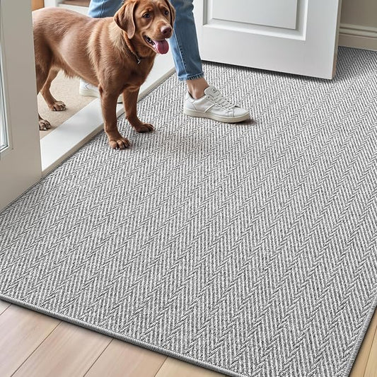 LUMI Ultra Thin Indoor Door Mat for Entrance 32"x48", Non Slip Entryway Mat, Low Profile Doormat, Unique Herringbone Design Carpet for Inside, Patio, Porch, Gray