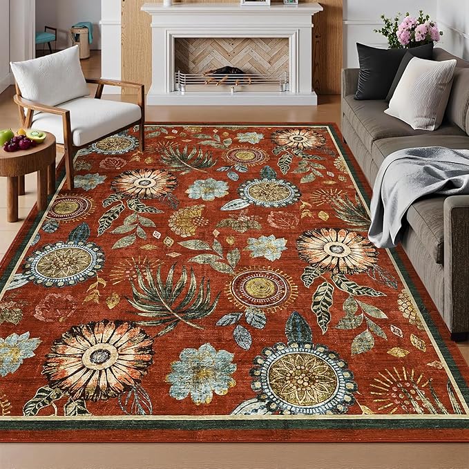 GarveeHome 4x6 Floral Washable Area Rug: Large Living Room Area Rug with Non-Slip Backing Washable Ultra Soft Bedroom Floral Carpet Indoor Stain Resistant Carpet for Dining Room 4 * 6 ft Brick Red