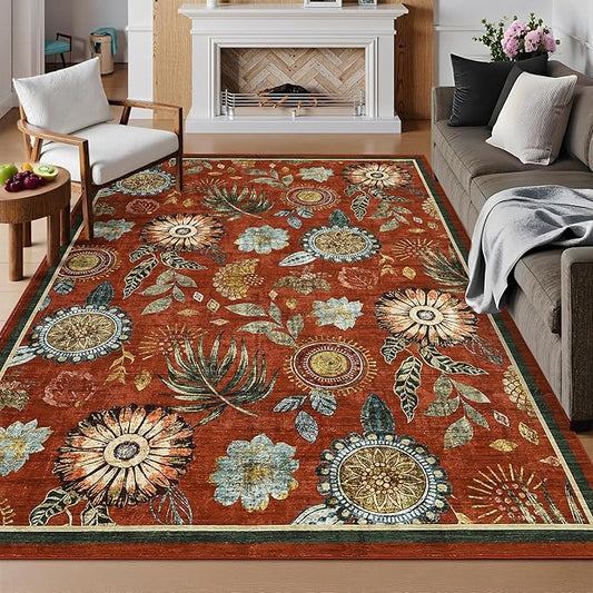 GarveeHome 4x6 Floral Washable Area Rug: Large Living Room Area Rug with Non-Slip Backing Washable Ultra Soft Bedroom Floral Carpet Indoor Stain Resistant Carpet for Dining Room 4 * 6 ft Brick Red