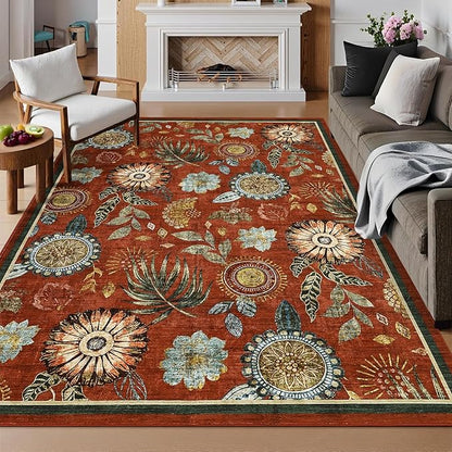 GarveeHome 5x7 Floral Washable Area Rug: Large Living Room Area Rug with Non-Slip Backing Washable Ultra Soft Bedroom Floral Carpet Indoor Stain Resistant Carpet for Dining Room 5 * 7 ft Brick Red